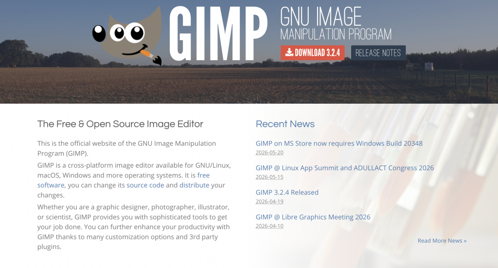 Screenshot of GIMP's landing page